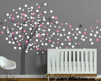 Cherry Blossom Tree Wall Decal with Birds Vinyl Tree Decal