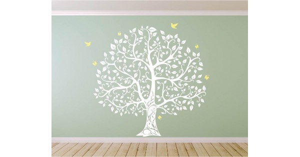 Large Tree with Birds and Butterflies Wall Decal Vinyl Tree Art Stickers